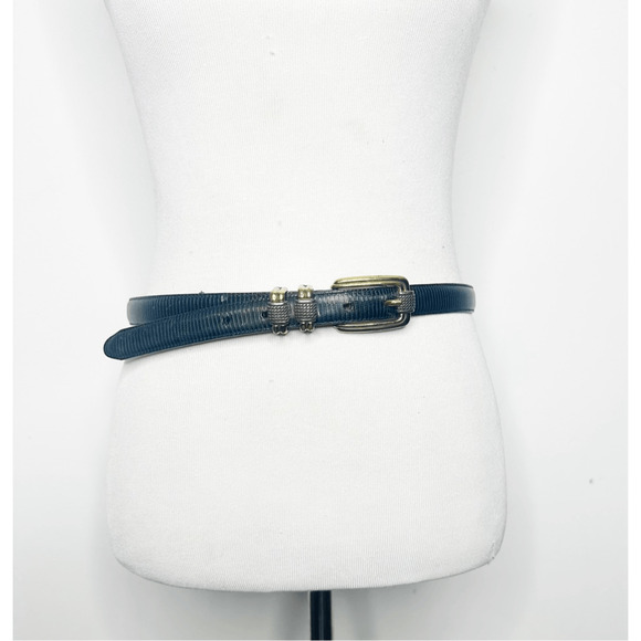 vtg 90s BRIGHTON Classics Black Leather Belt Silver Gold women's L 34 dressy thi - Picture 1 of 8